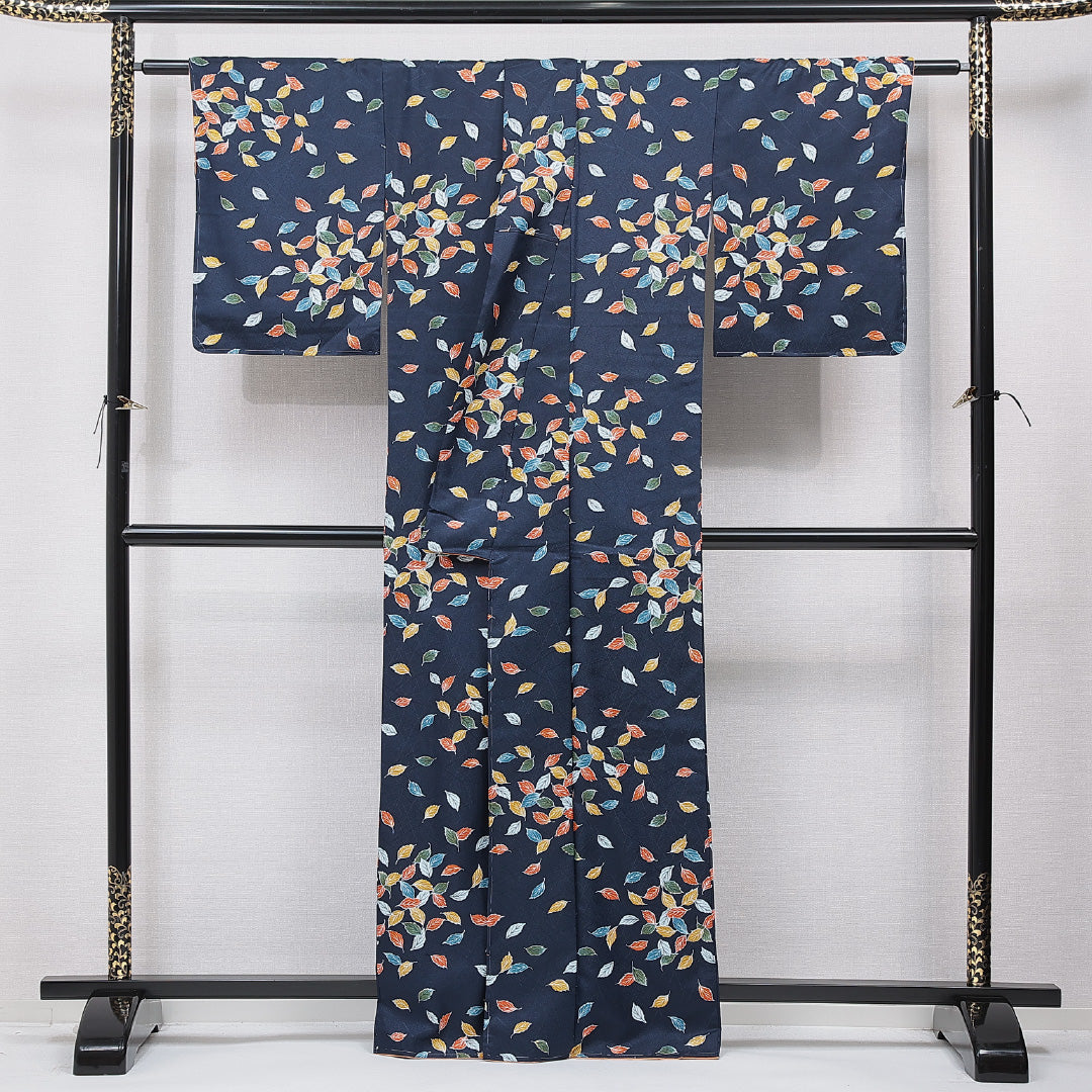 洗える着物 小紋 袷 身丈163cm 裄丈63cm ポリエステル Sランク インフォーマル 広衿 Lサイズ 植物柄 紺系 RP 1221-15816