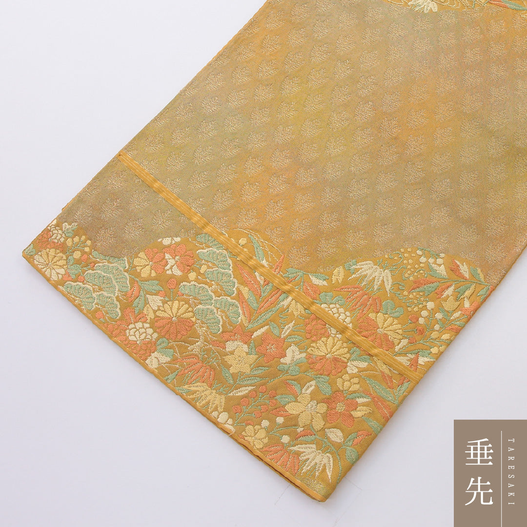 袋帯 帯丈420cm 正絹 六通 帯端のみ未仕立て フォーマル 道長取り 古典柄 黄系 金系 1243-02210