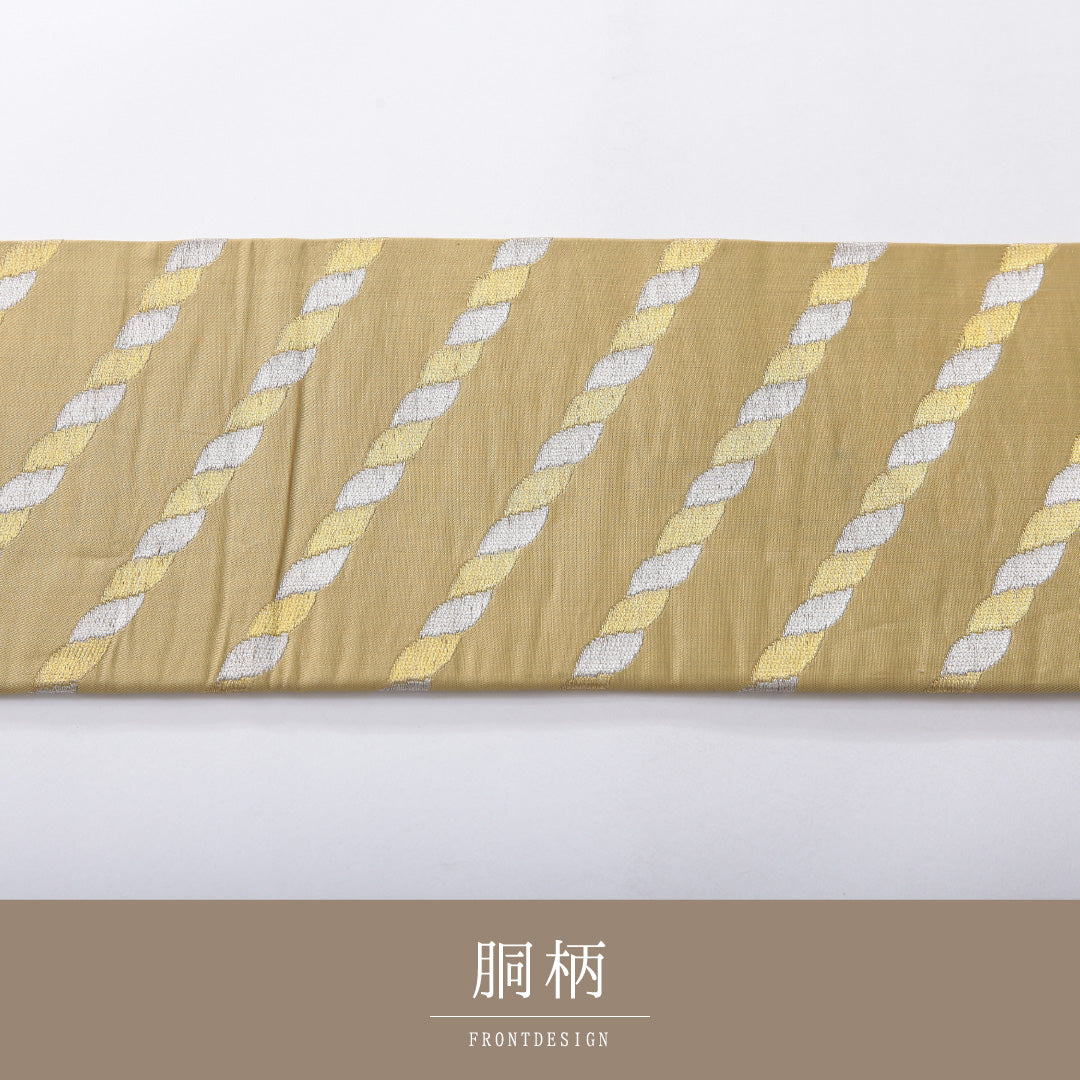 九寸名古屋帯 帯丈347cm インフォーマル 名古屋仕立て 六通 Cランク 正絹 創作柄 黄系 緑系 1224-03948