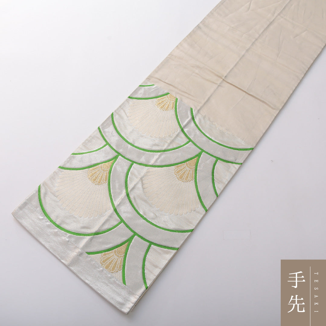 袋帯 帯丈426cm 正絹 六通 未仕立て 帯芯なし 青海波 菊 吉祥文様 銀系 1243-02008