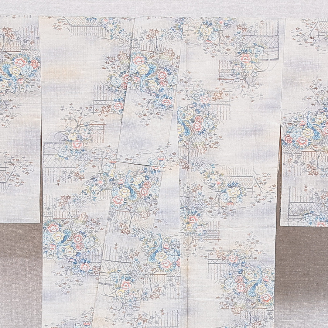 紬 袷 身丈164cm 裄丈66cm 正絹 Aランク Lサイズ 広衿 カジュアル 牡丹 クリーム系 1216-16662