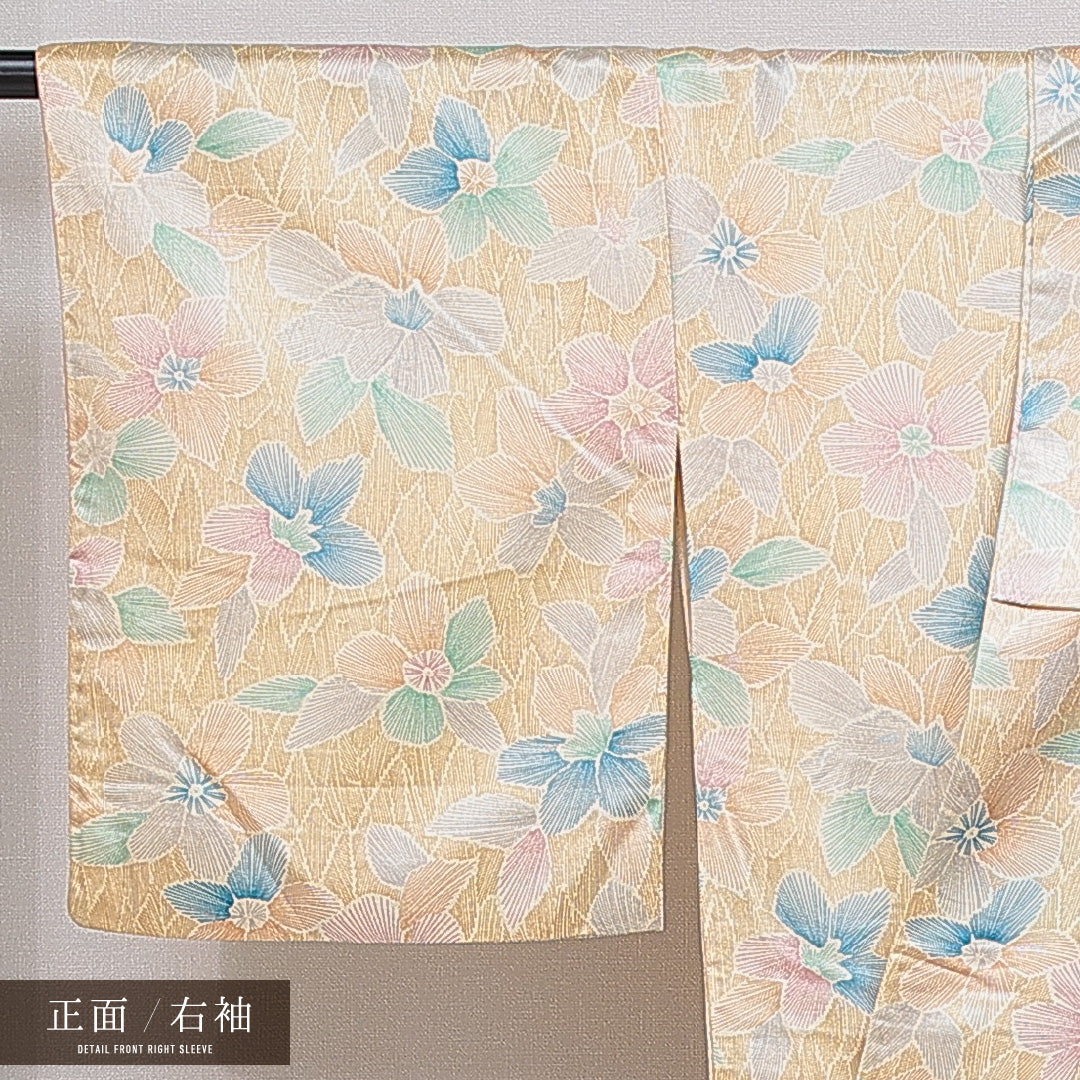 小紋 洗える着物 袷 身丈155cm 裄丈63cm ポリエステル Cランク Mサイズ 広衿 インフォーマル 花柄 朱系 1215-16116