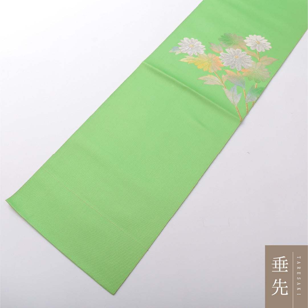 八寸名古屋帯 Aランク 帯丈355cm 正絹 ポイント柄 松葉仕立て 織り インフォーマル 菊 黄の混ざった緑系 LP 1245-03673