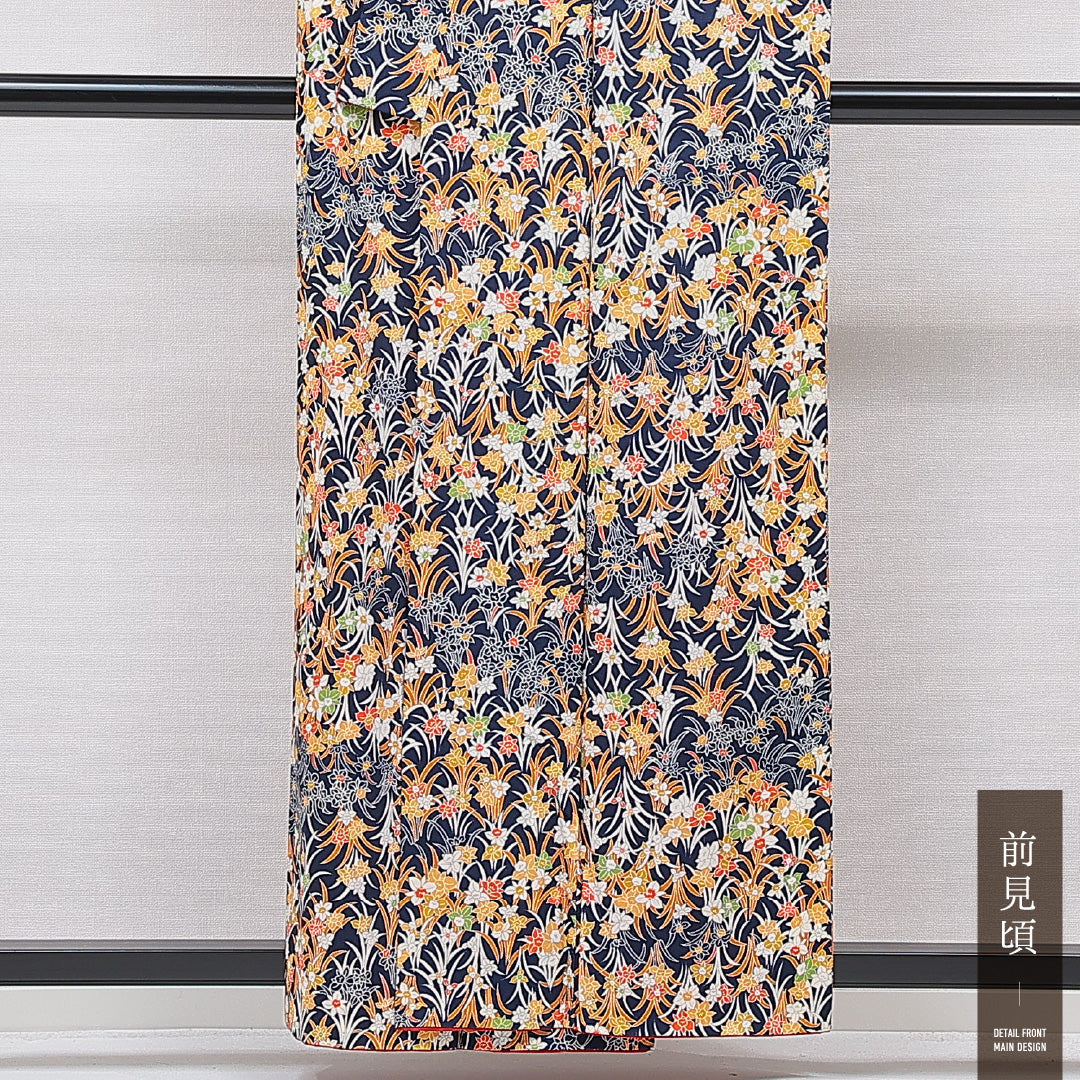 小紋 胴抜き 身丈157cm 裄丈62cm 正絹 Sランク インフォーマル バチ衿 Mサイズ 染め紬 水仙 紺系 RP 1221-15690