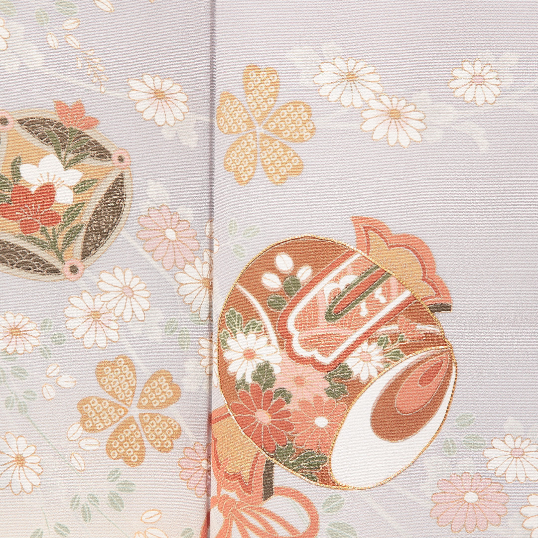 訪問着 袷 身丈150cm 裄丈62cm 正絹 Sランク Sサイズ 広衿 一つ紋（丸に九曜） セミフォーマル 小槌 吉祥文様 金駒刺繍 グレー系 1212-16878