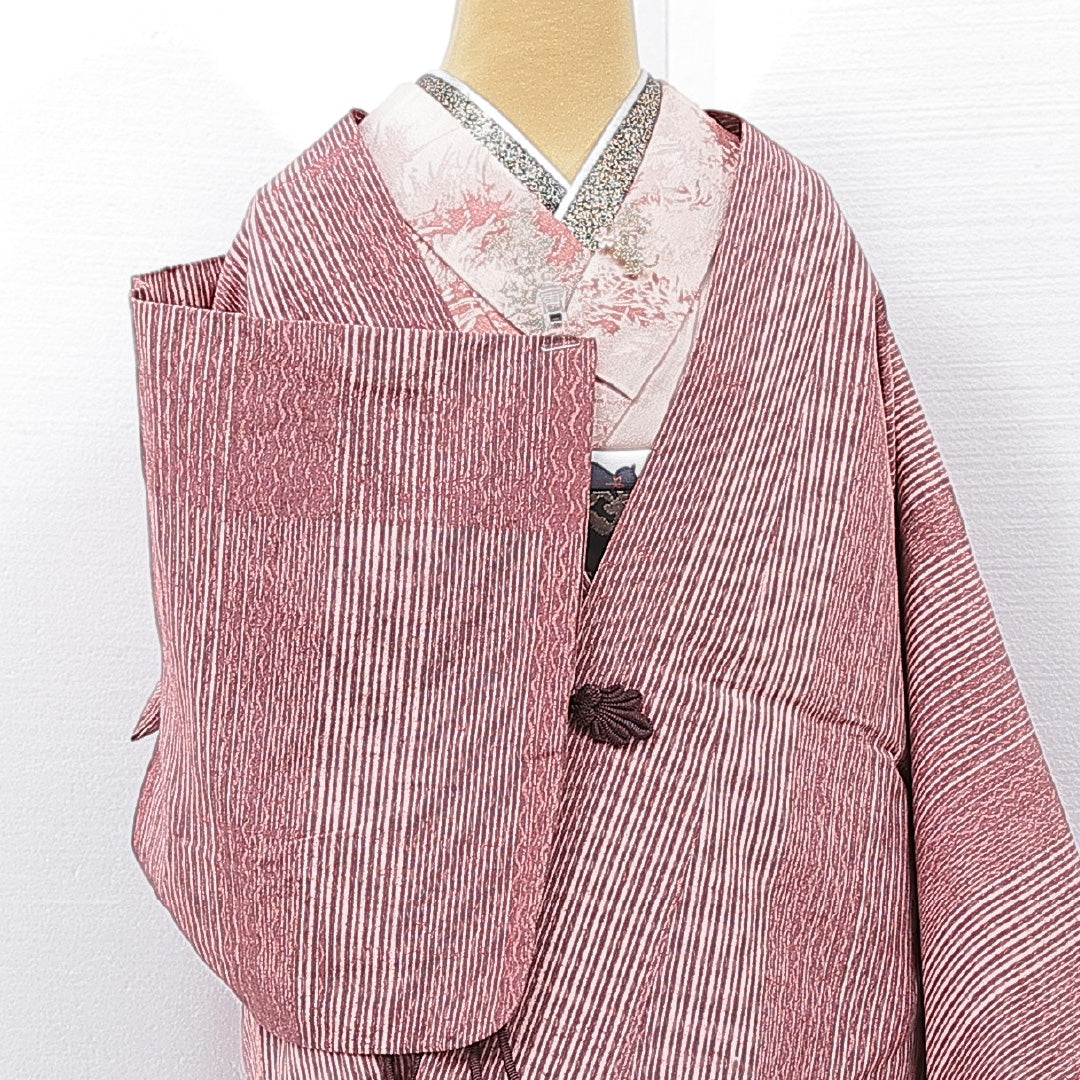 道中着 洗える着物 袷 身丈80cm 裄丈66cm ポリエステル Aランク Mサイズ バチ衿 カジュアル 縞 ピンク系 1264-15132