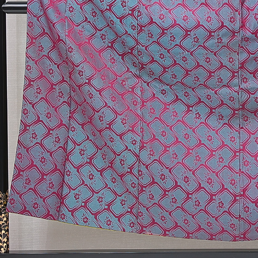 アンティーク お召 袷 身丈155cm 裄丈60cm 正絹 Bランク バチ衿 Mサイズ 花柄 緑系 RP 1222-15192
