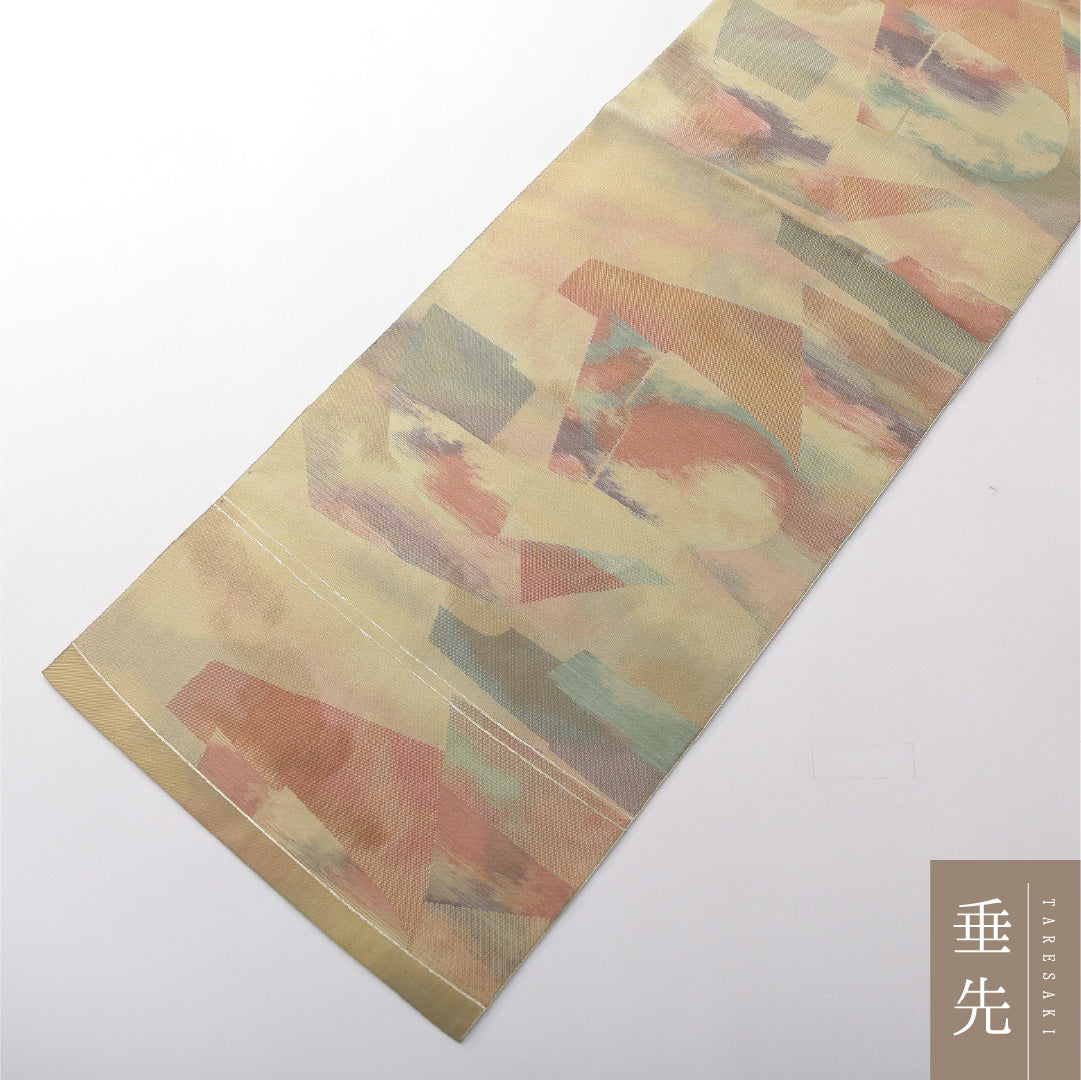 八寸名古屋帯 帯丈368cm カジュアル 松葉仕立て 全通 Sランク 正絹 抽象柄 多色系 1224-03828