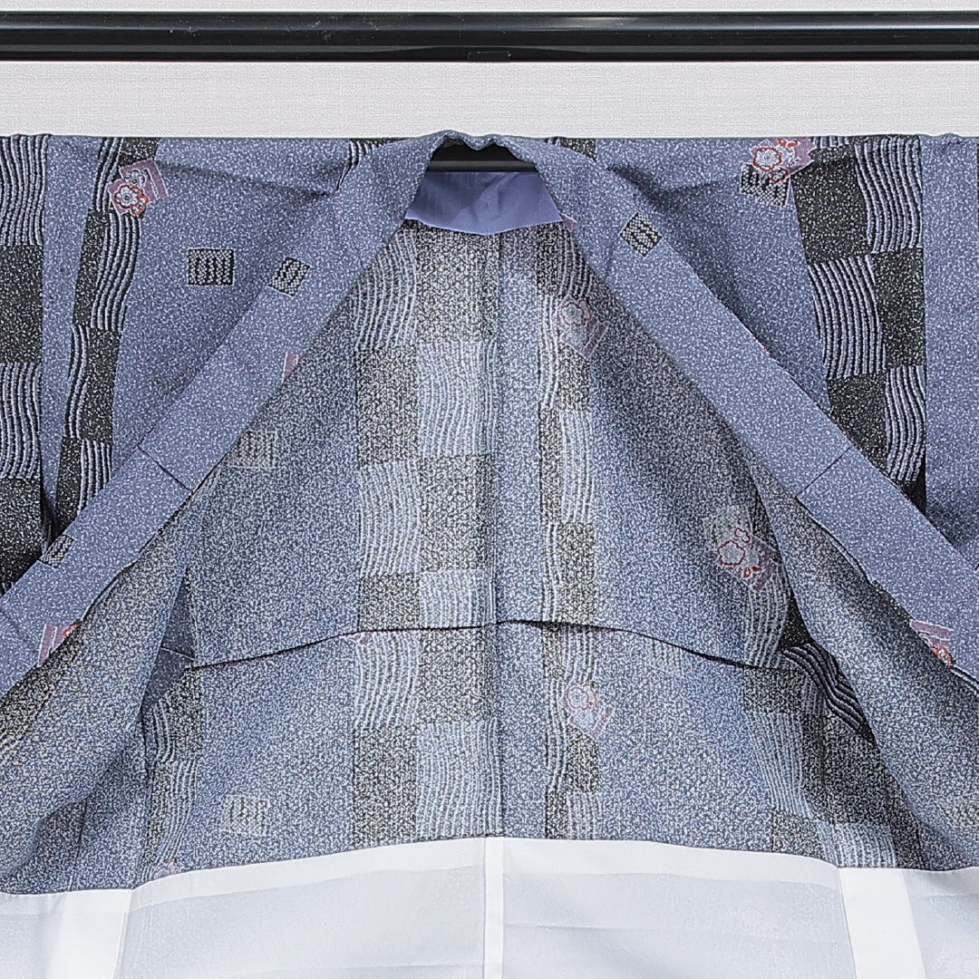 小紋 洗える着物 胴抜き 身丈162cm 裄丈67cm ポリエステル Cランク Lサイズ バチ衿 インフォーマル 花柄 青系 1215-16339