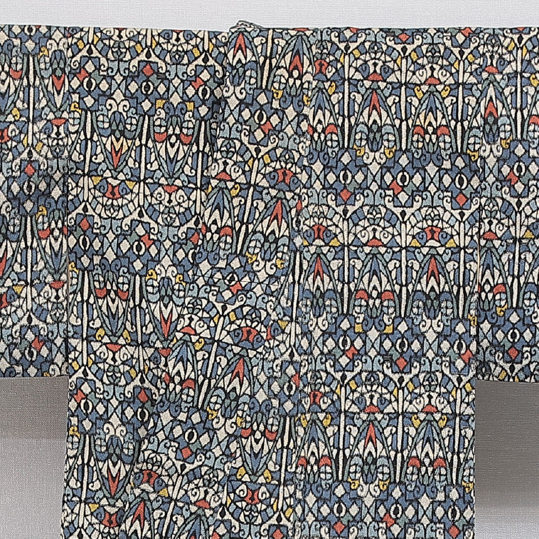 アンティーク お召 袷 身丈155cm 裄丈62cm 正絹 Cランク Mサイズ 広衿 創作柄 多色系 1265-16042