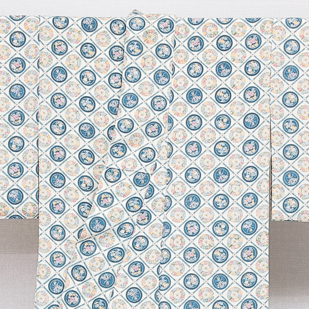 小紋 袷 身丈151cm 裄丈65cm 正絹 Aランク Sサイズ 広衿 インフォーマル ちりめん 格天井文 唐華 クリーム系 1215-16664