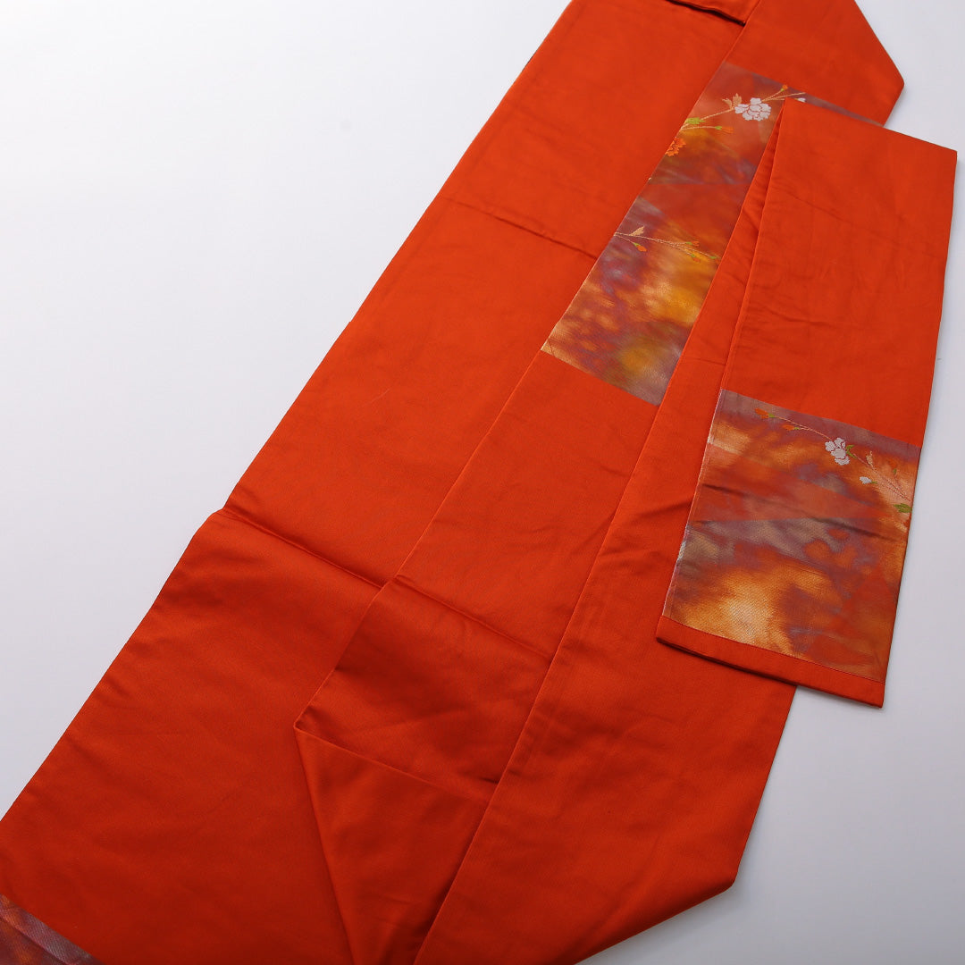 九寸名古屋帯 帯丈364cm インフォーマル 名古屋仕立て 六通 Dランク 正絹 牡丹 朱系 1224-03473