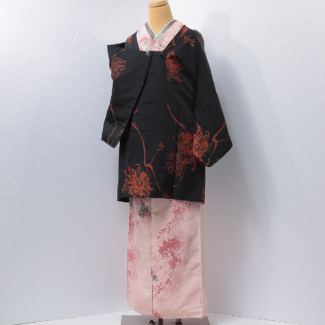 アンティーク 道行コート（お召） 袷 身丈88cm 裄丈62cm 正絹 Aランク Sサイズ ポケットあり 花柄 黒系 1263-16802