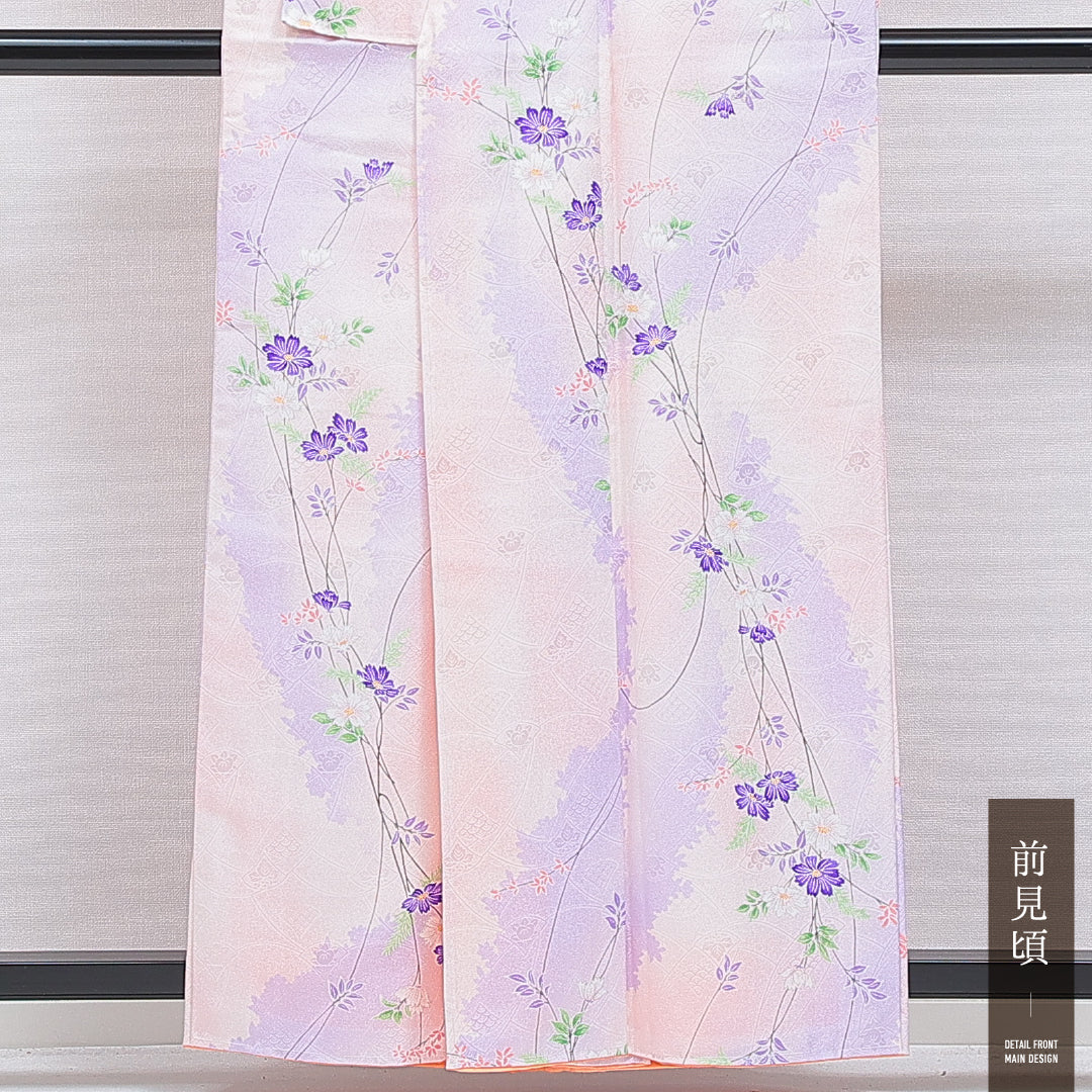 洗える着物 小紋 袷 身丈158cm 裄丈66cm ポリエステル Bランク インフォーマル 広衿 Mサイズ 花柄 ピンク系 HP 1221-16325