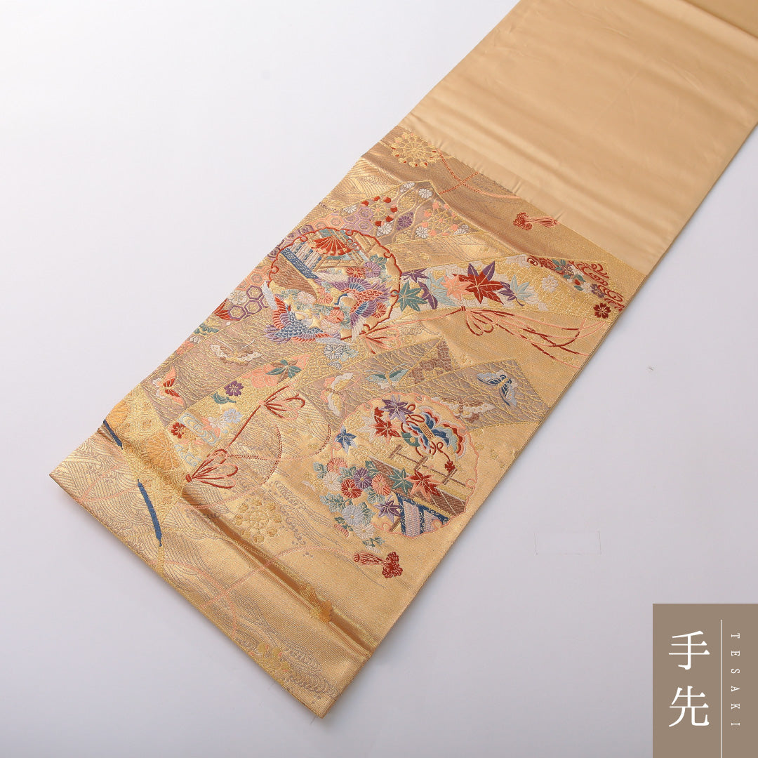 袋帯 帯丈430cm 正絹 六通 フォーマル 熨斗 雪輪 吉祥文様 金系 1243-02054