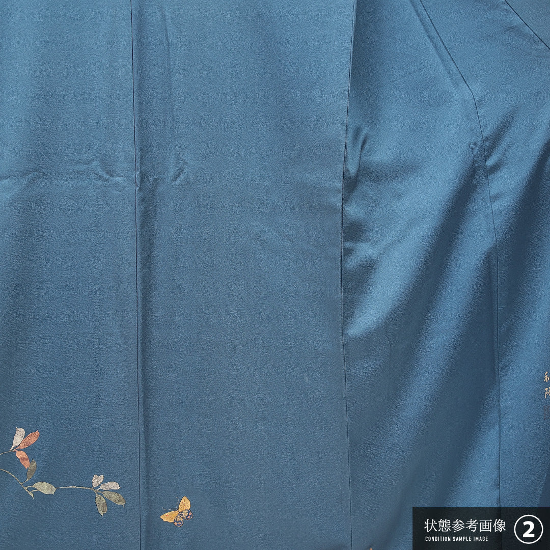 訪問着 袷 身丈168cm 裄丈66cm 正絹 Bランク セミフォーマル 広衿 XLサイズ 染色作家 松森和隆 ぼかし染 金彩 作家物 落款 椿 青系 RP 1217-15108