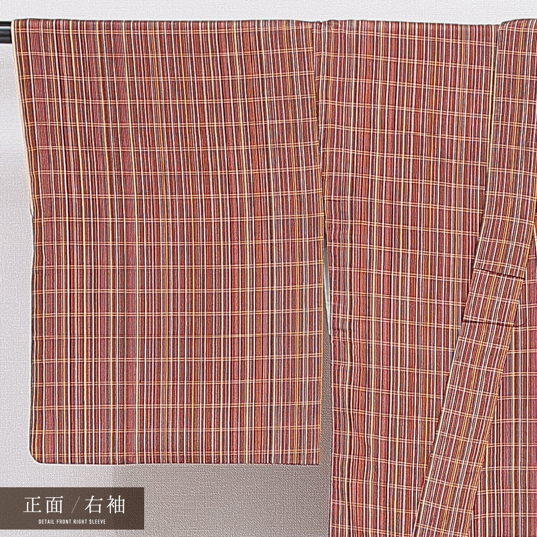 紬 袷 身丈148cm 裄丈64cm 正絹 Aランク カジュアル バチ衿 XSサイズ 格子 茶系 RP 1223-16214