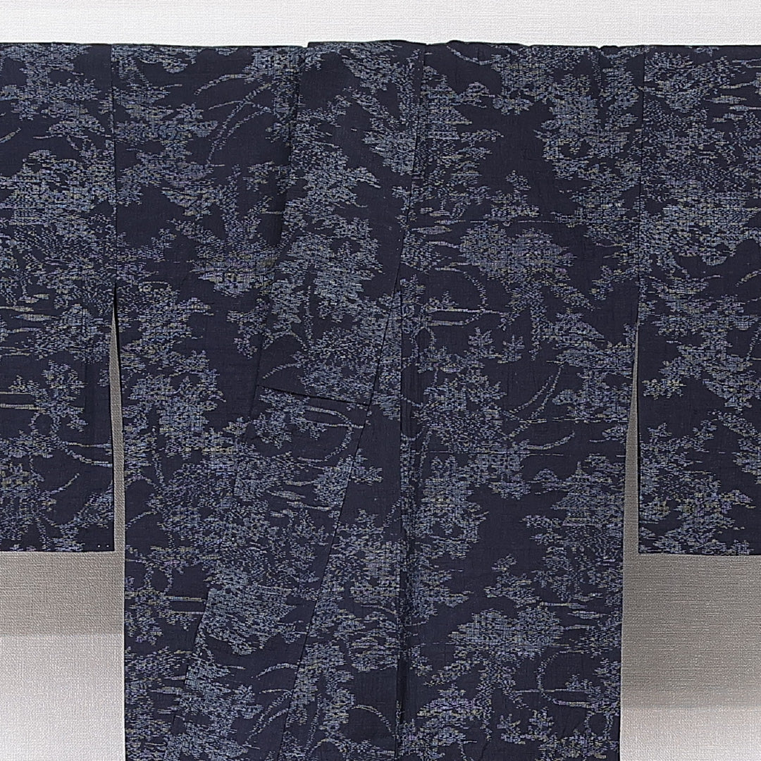 紬 単衣 身丈158cm 裄丈63cm 正絹 Sランク カジュアル 広衿 Mサイズ 植物柄 紺系 RP 1223-15336