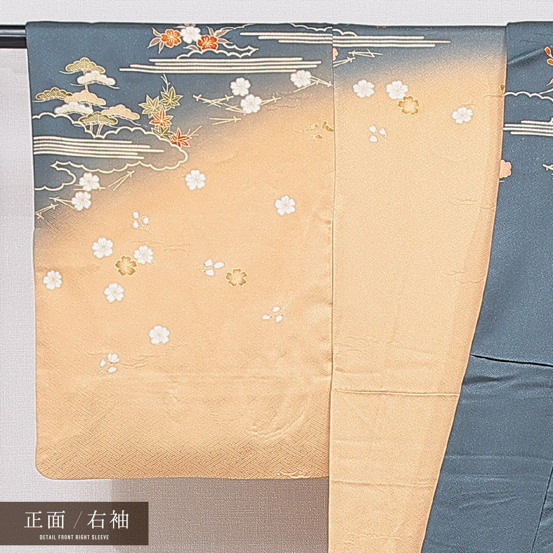 訪問着 袷 身丈157cm 裄丈62cm 正絹 Sランク 紋意匠 (紗綾型) セミフォーマル 広衿 Mサイズ 金駒刺繍 雲取り 桜 松 紺系 RP 1217-15746