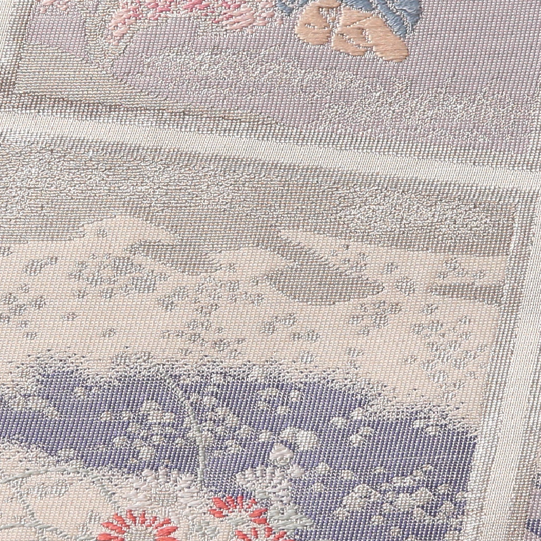 袋帯 帯丈424cm 正絹 六通 セミフォーマル 平安絵巻 歌留多 白系 銀系 1243-01793