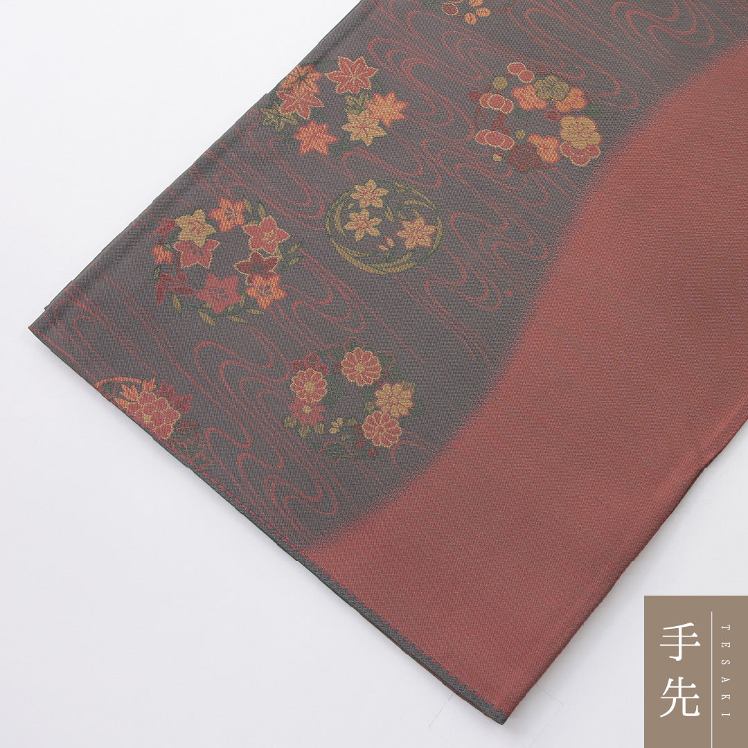 袋帯 帯丈432cm 正絹 六通 帯芯なし セミフォーマル 光琳波 丸文 グレー系 赤系 1243-02223