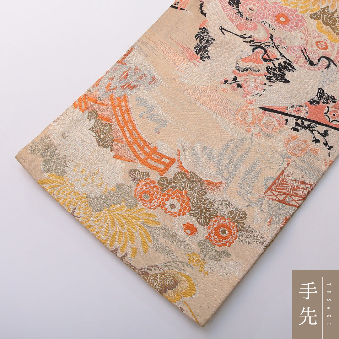 アンティーク 丸帯 帯丈380cm 全通 Cランク 正絹 鶴 菊 クリーム系 1223-02026