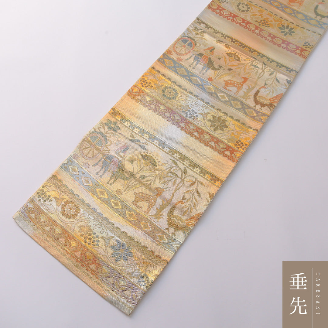 袋帯 帯丈408cm 正絹 六通 帯芯なし セミフォーマル アラベスク段文 コプト文様 多色系 金系 1243-01950