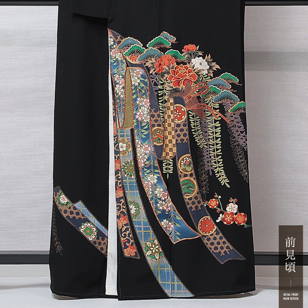 黒留袖 袷 身丈159cm 裄丈64cm 三つ紋 丸に橘 フォーマル Aランク Mサイズ 正絹 比翼仕立て 広衿 牡丹 松 落款 1211-F0679