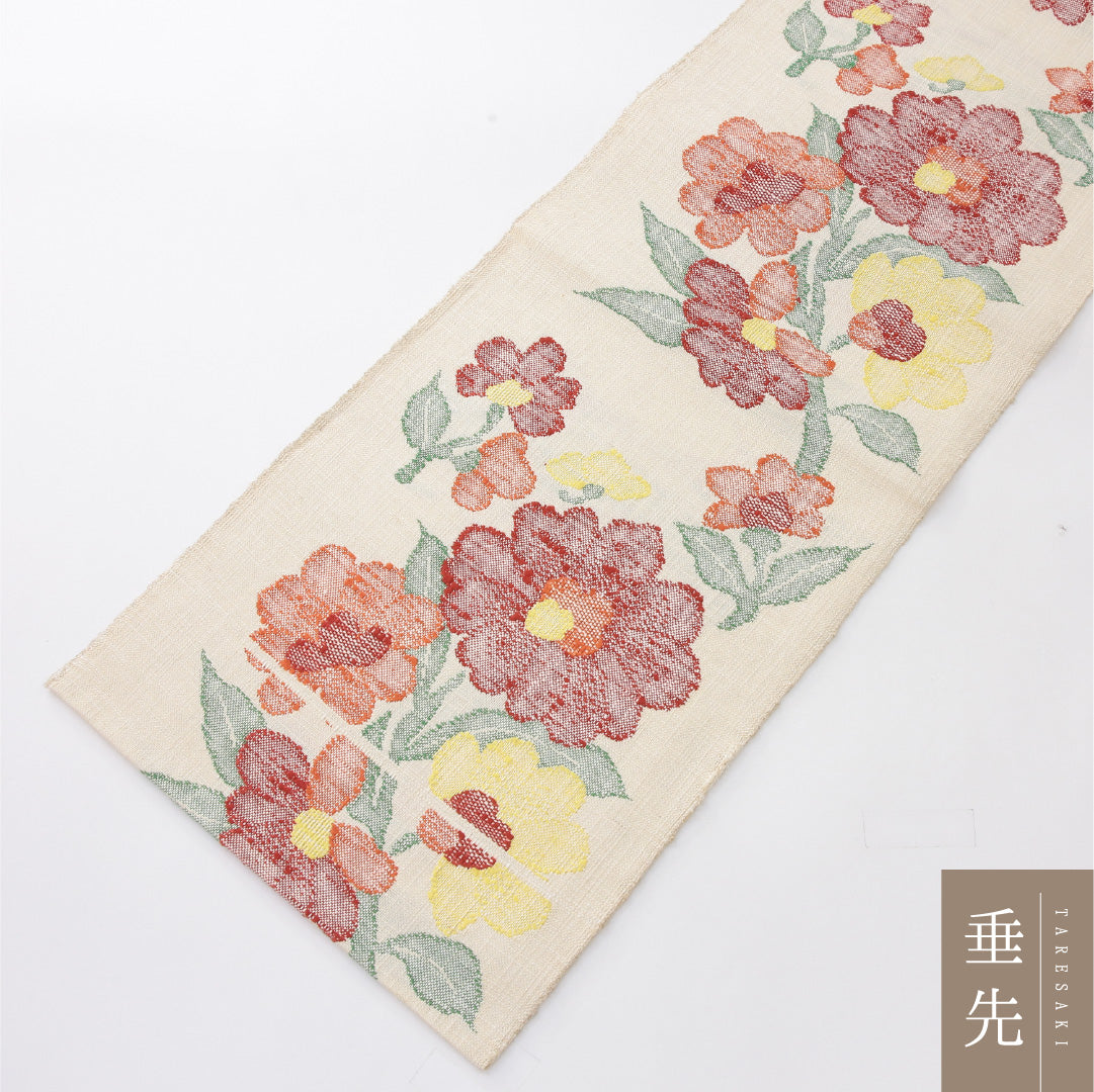 八寸名古屋帯 Aランク 帯丈357cm 正絹 六通 松葉仕立て 織り カジュアル 紬 花柄 クリーム系 RP 1245-04032