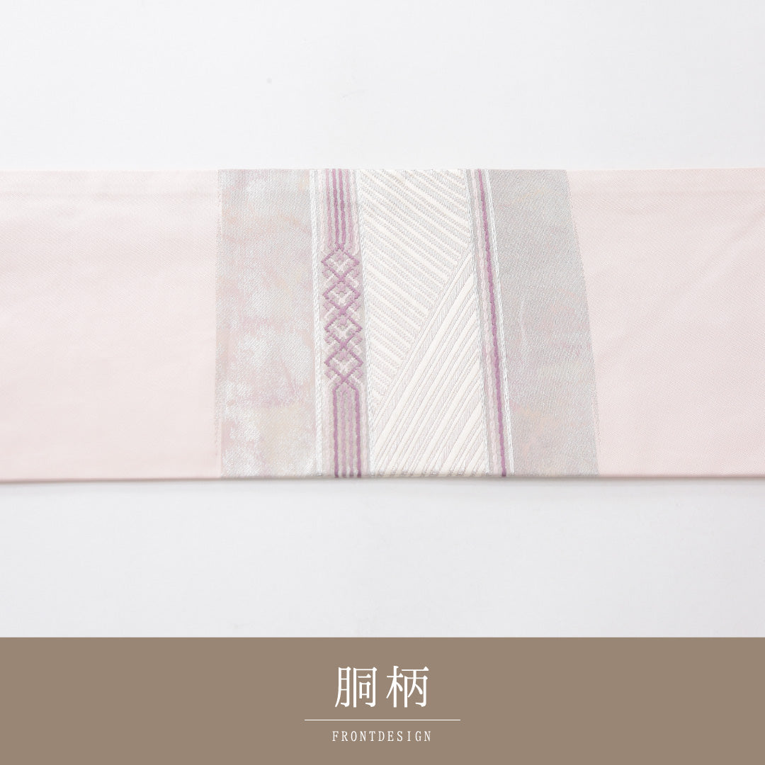 九寸名古屋帯 Sランク 帯丈361cm 正絹 ポイント柄 名古屋仕立て 織り セミフォーマル 扇面文 創作柄 淡いピンク系 RP 1245-03978