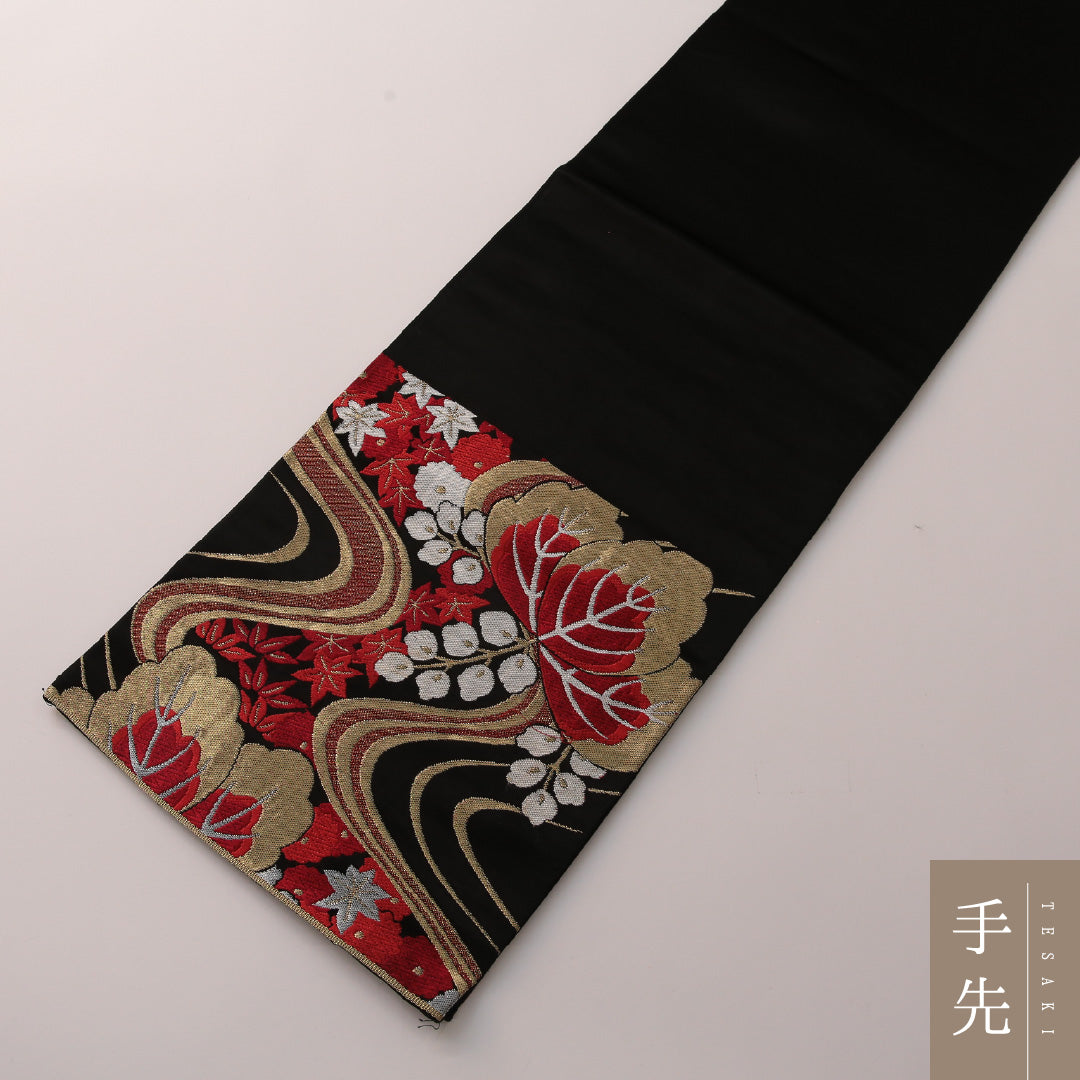 袋帯 帯丈404cm フォーマル 六通 Sランク 正絹 流水 桐 黒系 金系 1223-01895