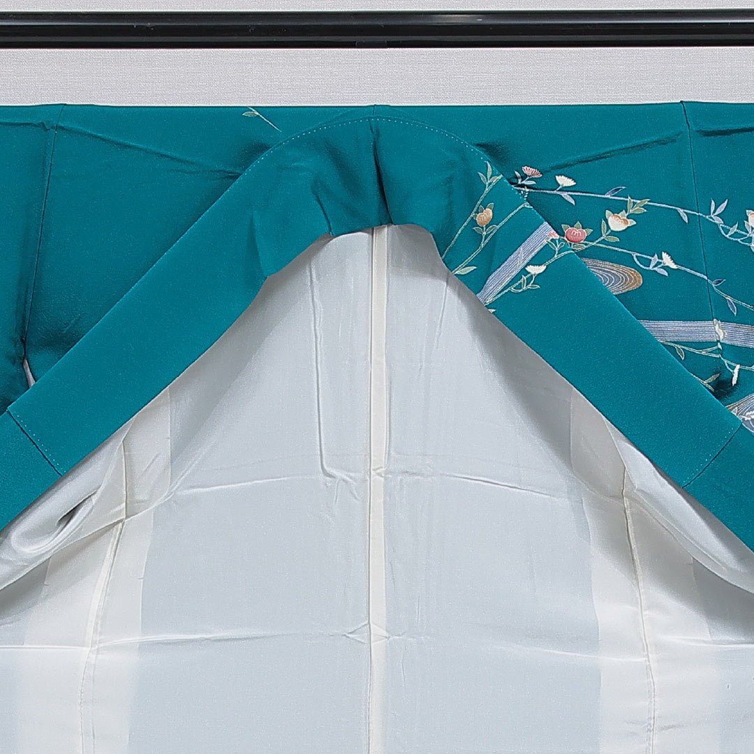 訪問着 洗える着物 袷 身丈156cm 裄丈65cm ポリエステル Sランク Mサイズ 広衿 セミフォーマル 流水 橘 金駒刺繍 緑系 青系 1212-16086