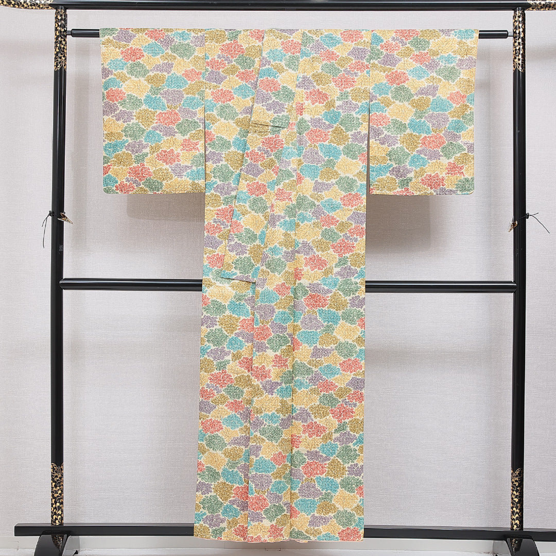 小紋 袷 身丈154cm 裄丈61cm 正絹 Aランク インフォーマル 広衿 Sサイズ 植物柄 多色系 RP 1221-16015