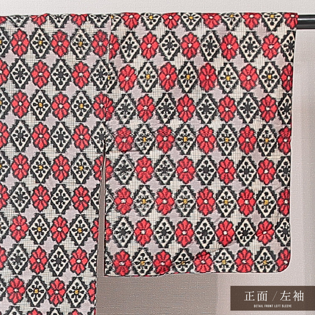 アンティーク 銘仙の着物 袷 身丈146cm 裄丈60cm 正絹 Cランク バチ衿 XSサイズ 花菱 グレー系 RP 1223-15205