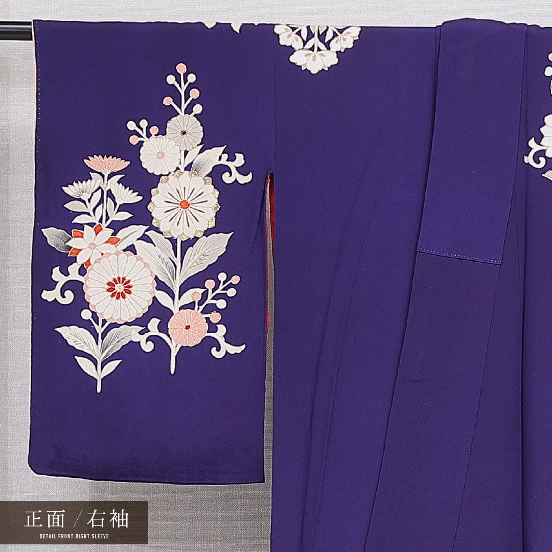 アンティーク 訪問着 袷 身丈156cm 裄丈61cm 正絹 Bランク Mサイズ 広衿 花柄 金彩 紫系 1212-15973