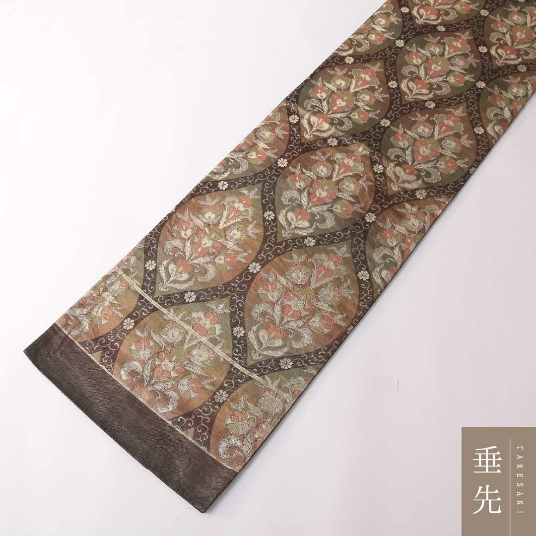 袋帯 帯丈430cm 正絹 全通 フォーマル ふくれ織 唐草華文 網目 茶系 緑系 1243-01742