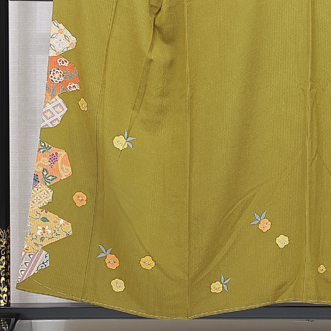 付下げ 袷 身丈155cm 裄丈67cm 正絹 Aランク Mサイズ 広衿 インフォーマル ガード加工 部分絞り 唐華 菱 金駒刺繍 黄系 緑系 1261-15727