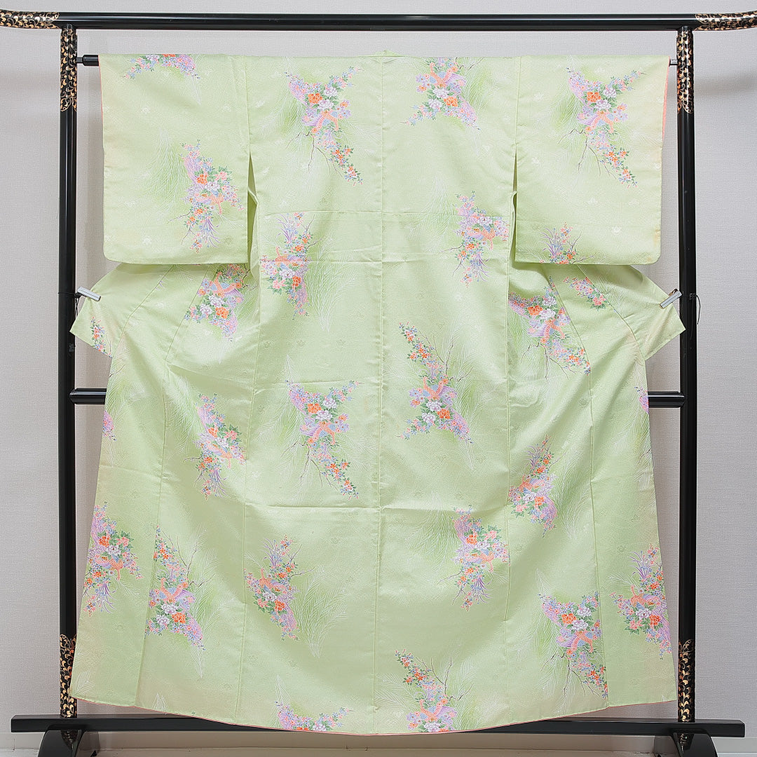 小紋 洗える着物 袷 身丈158cm 裄丈64cm ポリエステル Cランク Mサイズ 広衿 インフォーマル 花喰鳥 緑系 1215-16058