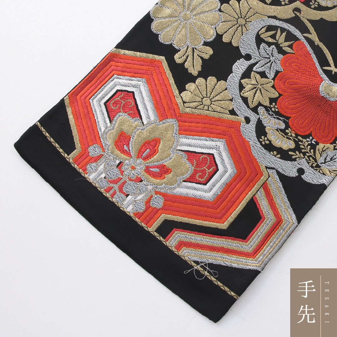 袋帯 帯丈414cm フォーマル 六通 未仕立て 帯芯なし Aランク 正絹 毘沙門亀甲 菊 黒系 1223-02229