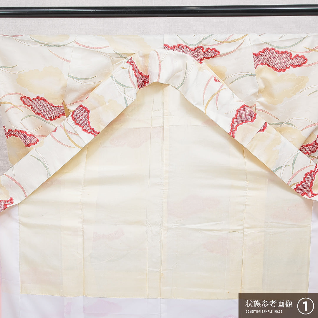 小紋 袷 身丈153cm 裄丈63cm 正絹 Aランク インフォーマル 広衿 Sサイズ 雲取り クリーム系 RP 1221-16244