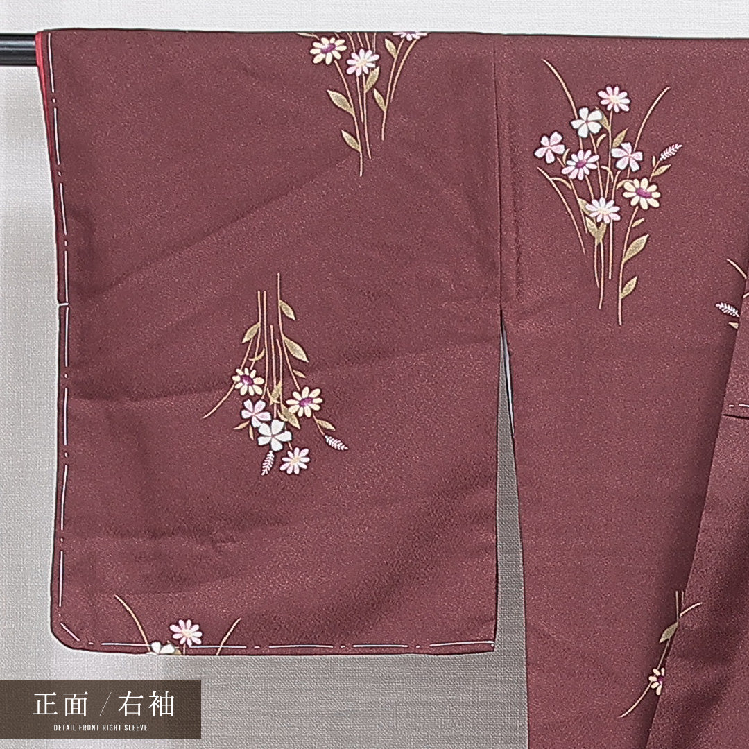 未使用品 洗える着物 小紋 袷 身丈166cm 裄丈67cm ポリエステル Nランク インフォーマル 広衿 XLサイズ 秋桜 赤系 RP 1221-16232