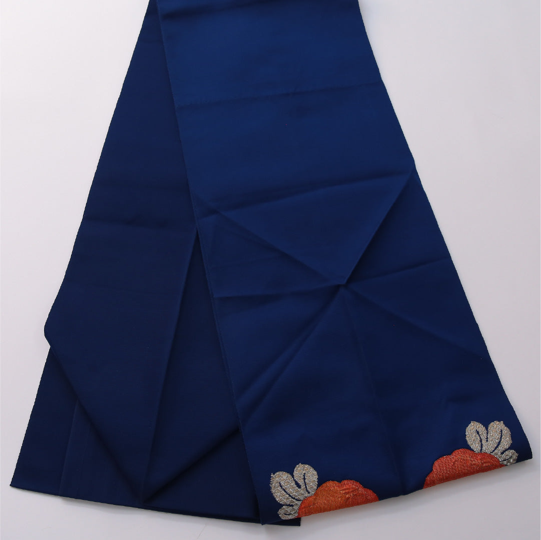 八寸名古屋帯 帯丈354cm いづくら帯 カジュアル 松葉仕立て ポイント柄 Sランク 正絹 ふくれ織 菊 青系 1224-03239