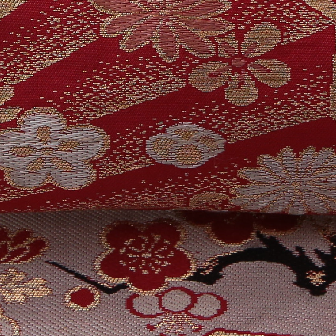 アンティーク 九寸名古屋帯 帯丈321cm インフォーマル 名古屋仕立て ポイント柄 Aランク 正絹 鳳凰 菊 赤系 1224-03526