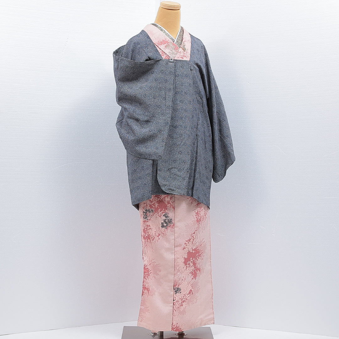 道行コート 洗える着物 袷 身丈83cm 裄丈65cm ポリエステル Sランク Mサイズ セミフォーマル 幾何学柄 グレー系 1263-16867