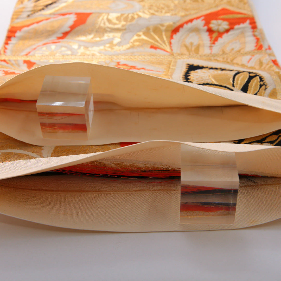 アンティーク 袋帯 帯丈412cm 六通 未仕立て 帯芯なし Cランク 正絹 植物柄 金系 1223-01991