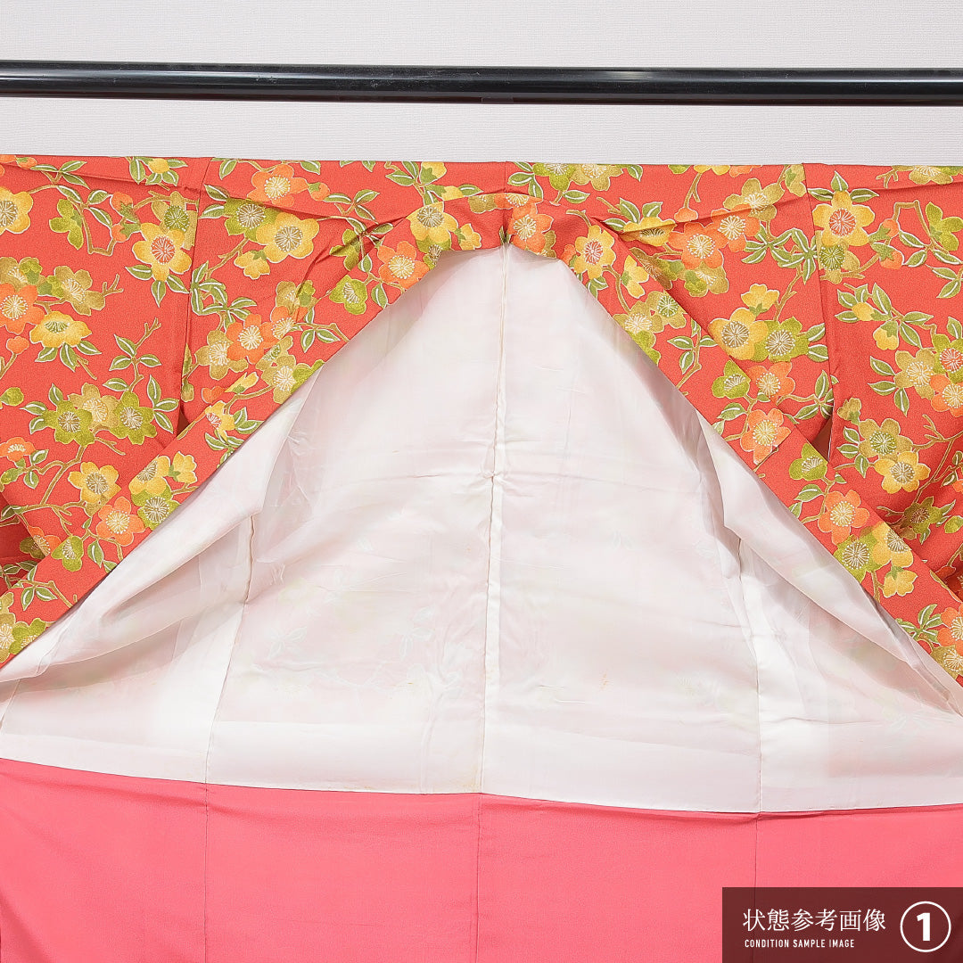 洗える着物 小紋 袷 身丈152cm 裄丈62cm ポリエステル Aランク インフォーマル バチ衿 Sサイズ 梅 赤系 HP 1221-15782