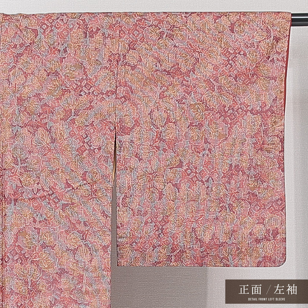 大島紬 袷 身丈153cm 裄丈62cm 正絹 Dランク インフォーマル バチ衿 Sサイズ 経緯絣 植物柄 赤系 HP 1223-15187