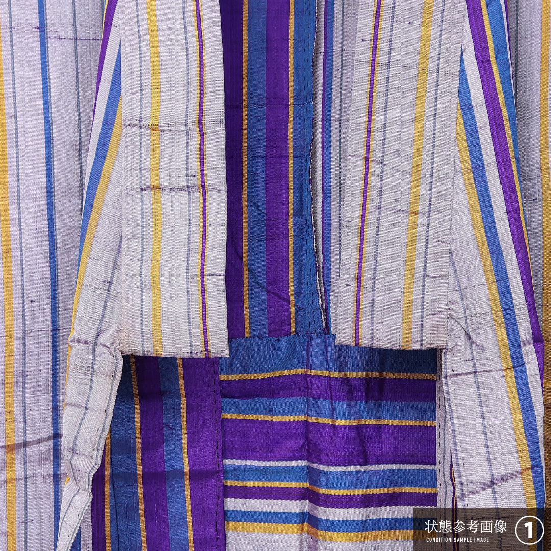 アンティーク 紬 単衣 身丈143cm 裄丈62cm 正絹 Aランク XSサイズ バチ衿 居敷当て 肩当て 縞 グレー系 紫系 1216-15106