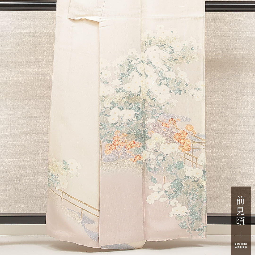 訪問着 袷 身丈158cm 裄丈64cm 正絹 Cランク Mサイズ 広衿 セミフォーマル 流水 菊 クリーム系 1212-16911