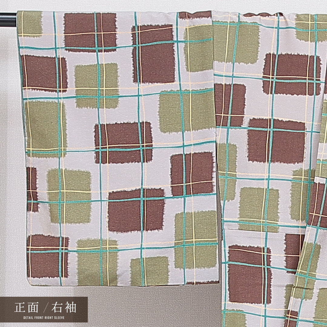 紬 袷 身丈162cm 裄丈66cm 正絹 Cランク カジュアル 広衿 Lサイズ 格子 緑系 LP 1223-16284